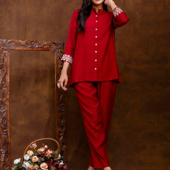 Maroon Women's Embroidered Co-ord Set - Viscose Fabric Full Sleeve Shirt and Pant