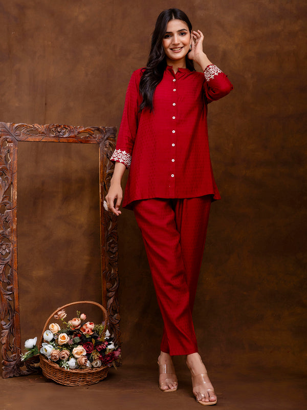 Maroon Women's Embroidered Co-ord Set - Viscose Fabric Full Sleeve Shirt and Pant