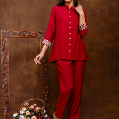 Maroon Women's Embroidered Co-ord Set - Viscose Fabric Full Sleeve Shirt and Pant