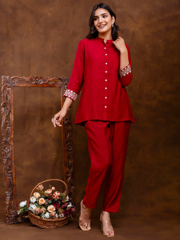 Maroon Women's Embroidered Co-ord Set - Viscose Fabric Full Sleeve Shirt and Pant