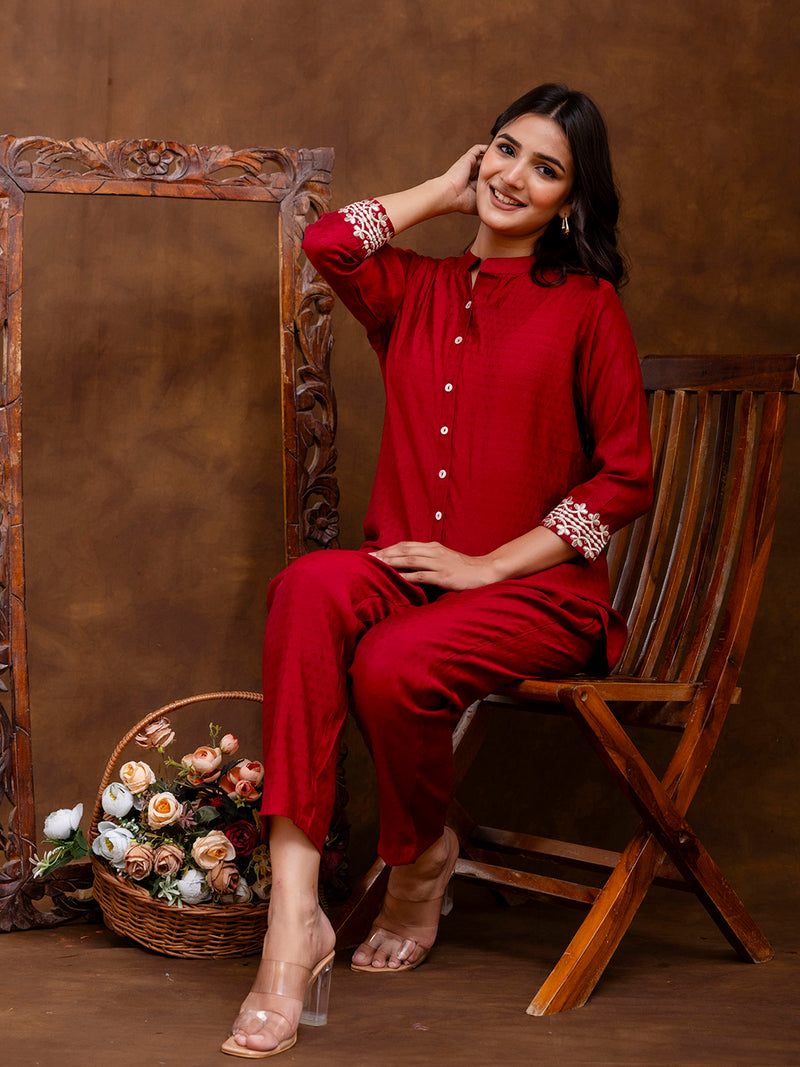 Maroon Women's Embroidered Co-ord Set - Viscose Fabric Full Sleeve Shirt and Pant