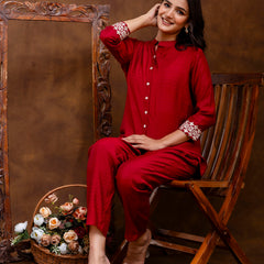 Maroon Women's Embroidered Co-ord Set - Viscose Fabric Full Sleeve Shirt and Pant