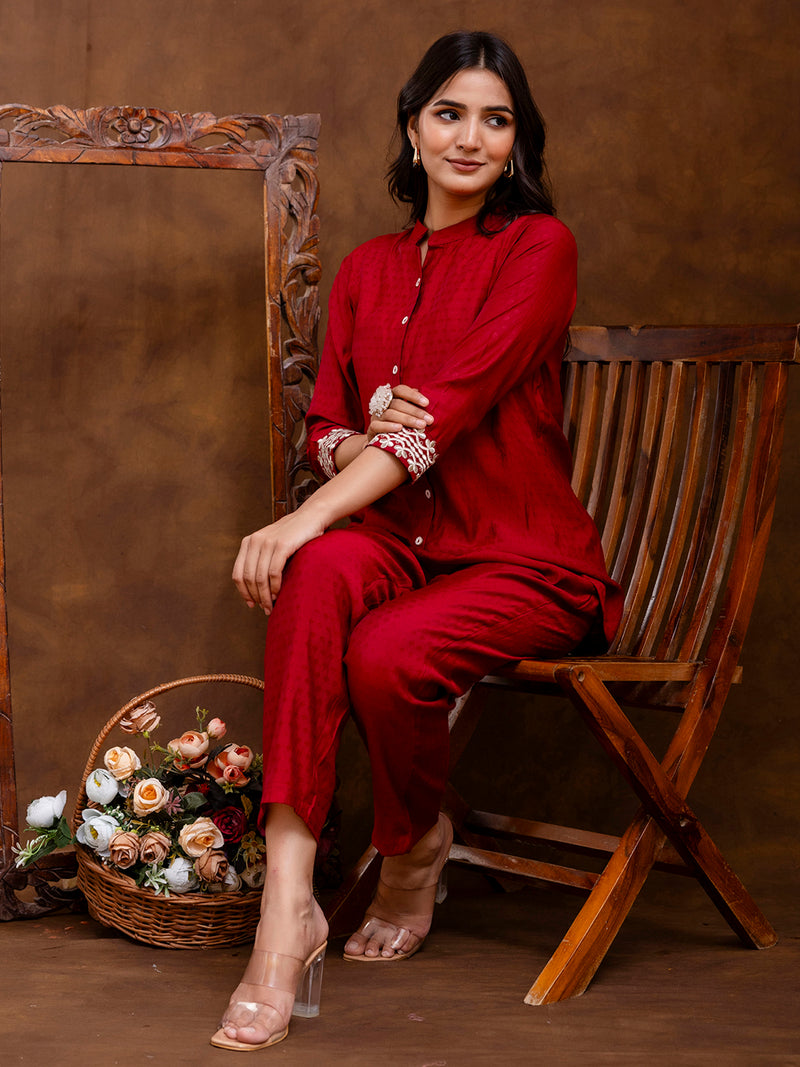 Maroon Women's Embroidered Co-ord Set - Viscose Fabric Full Sleeve Shirt and Pant