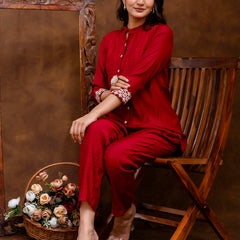 Maroon Women's Embroidered Co-ord Set - Viscose Fabric Full Sleeve Shirt and Pant