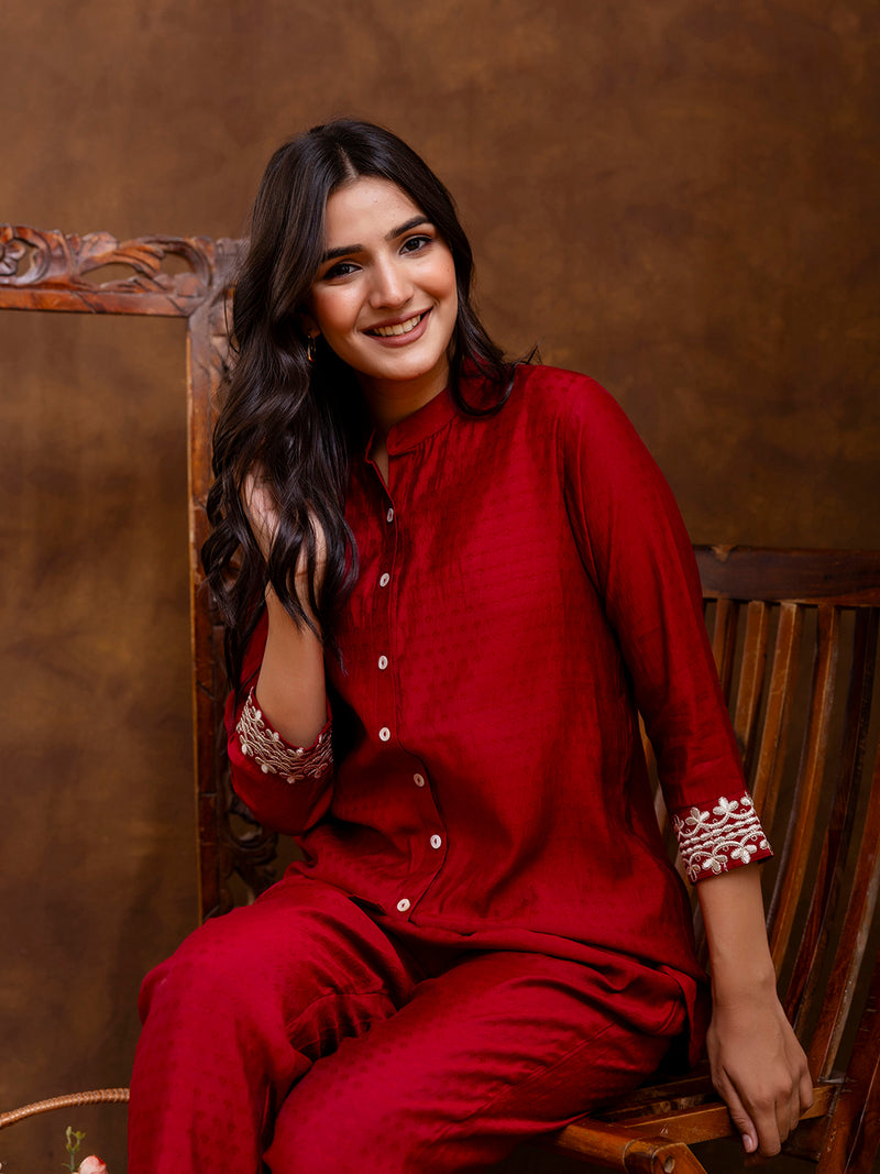 Maroon Women's Embroidered Co-ord Set - Viscose Fabric Full Sleeve Shirt and Pant