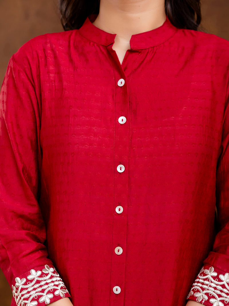 Maroon Women's Embroidered Co-ord Set - Viscose Fabric Full Sleeve Shirt and Pant