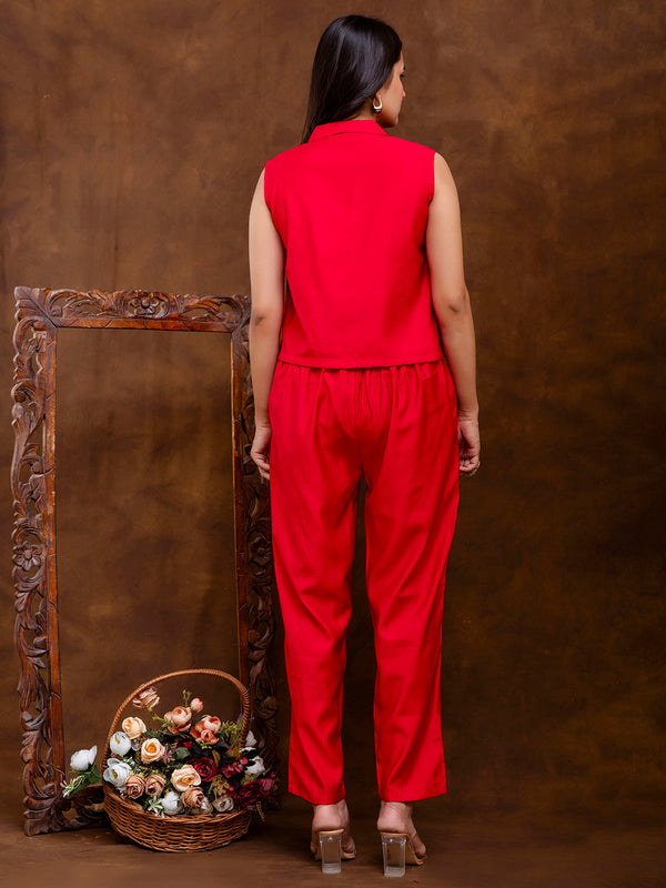 Red Women's Embroidered Co-ord Set - Viscose Fabric Full Sleeve Shirt and Pant