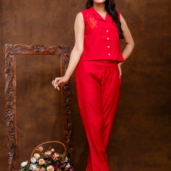 Red Women's Embroidered Co-ord Set - Viscose Fabric Full Sleeve Shirt and Pant