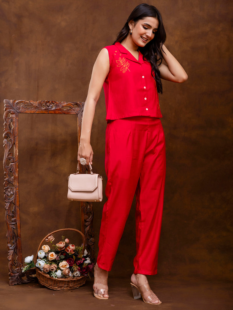 Red Women's Embroidered Co-ord Set - Viscose Fabric Full Sleeve Shirt and Pant