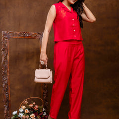 Red Women's Embroidered Co-ord Set - Viscose Fabric Full Sleeve Shirt and Pant