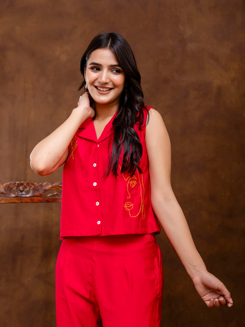 Red Women's Embroidered Co-ord Set - Viscose Fabric Full Sleeve Shirt and Pant