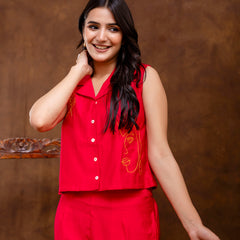 Red Women's Embroidered Co-ord Set - Viscose Fabric Full Sleeve Shirt and Pant