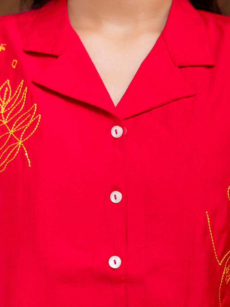 Red Women's Embroidered Co-ord Set - Viscose Fabric Full Sleeve Shirt and Pant