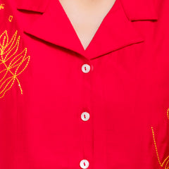 Red Women's Embroidered Co-ord Set - Viscose Fabric Full Sleeve Shirt and Pant