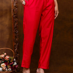 Red Women's Embroidered Co-ord Set - Viscose Fabric Full Sleeve Shirt and Pant