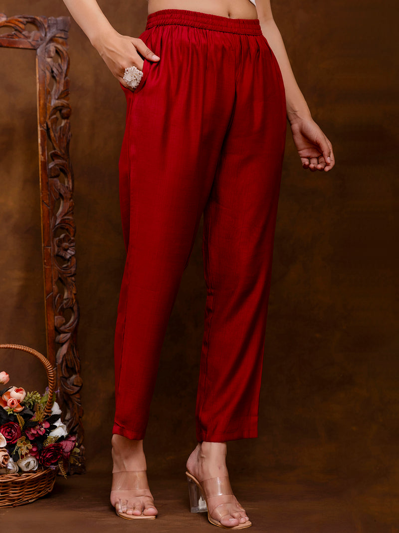 Maroon Women's Embroidered Co-ord Set - Viscose Fabric Full Sleeve Shirt and Pant