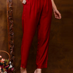 Maroon Women's Embroidered Co-ord Set - Viscose Fabric Full Sleeve Shirt and Pant