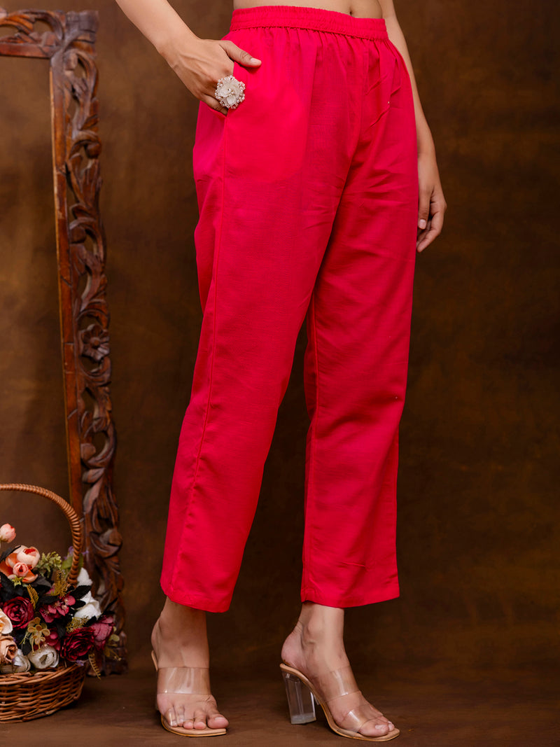 Red Women's Embroidered Co-ord Set - Viscose Fabric Full Sleeve Shirt and Pant