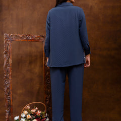 Blue Women's Embroidered Co-ord Set - Viscose Fabric Full Sleeve Shirt and Pant