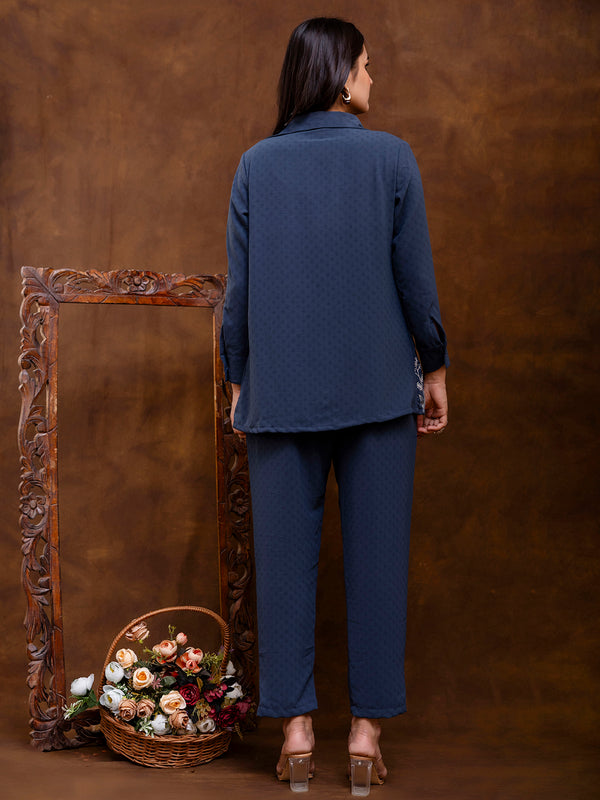 Blue Women's Embroidered Co-ord Set - Viscose Fabric Full Sleeve Shirt and Pant