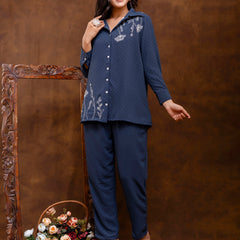 Blue Women's Embroidered Co-ord Set - Viscose Fabric Full Sleeve Shirt and Pant