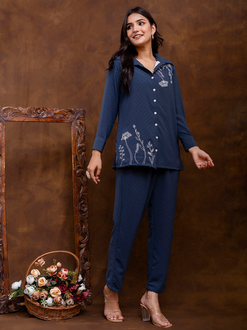 Blue Women's Embroidered Co-ord Set - Viscose Fabric Full Sleeve Shirt and Pant