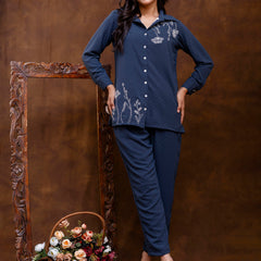 Blue Women's Embroidered Co-ord Set - Viscose Fabric Full Sleeve Shirt and Pant