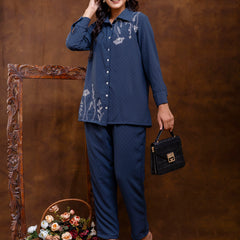 Blue Women's Embroidered Co-ord Set - Viscose Fabric Full Sleeve Shirt and Pant