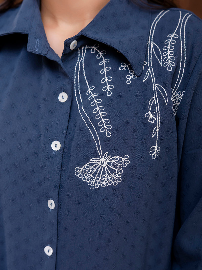 Blue Women's Embroidered Co-ord Set - Viscose Fabric Full Sleeve Shirt and Pant