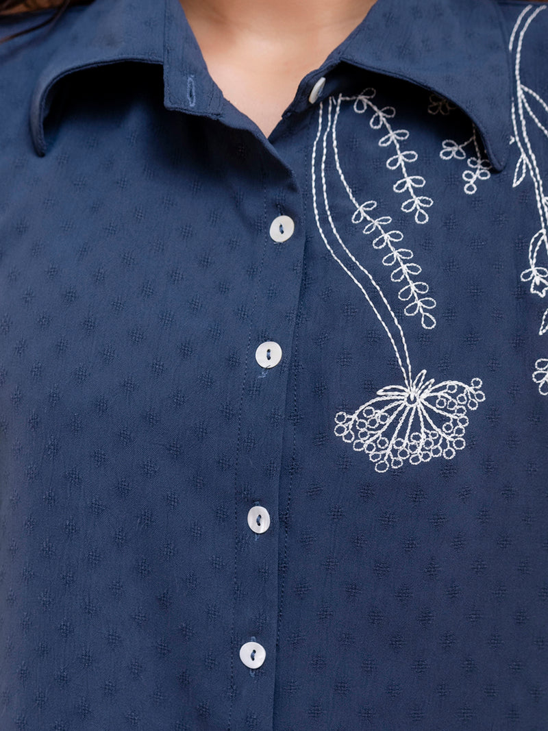 Blue Women's Embroidered Co-ord Set - Viscose Fabric Full Sleeve Shirt and Pant