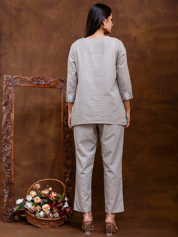 Grey Women's Embroidered Co-ord Set - Viscose Fabric Full Sleeve Short Kurta and Pant
