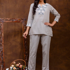 Grey Women's Embroidered Co-ord Set - Viscose Fabric Full Sleeve Short Kurta and Pant
