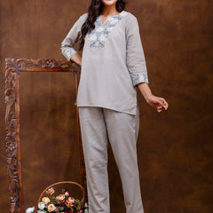 Grey Women's Embroidered Co-ord Set - Viscose Fabric Full Sleeve Short Kurta and Pant