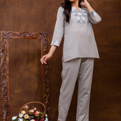 Grey Women's Embroidered Co-ord Set - Viscose Fabric Full Sleeve Short Kurta and Pant