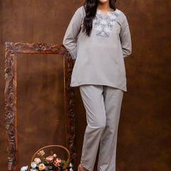 Grey Women's Embroidered Co-ord Set - Viscose Fabric Full Sleeve Short Kurta and Pant