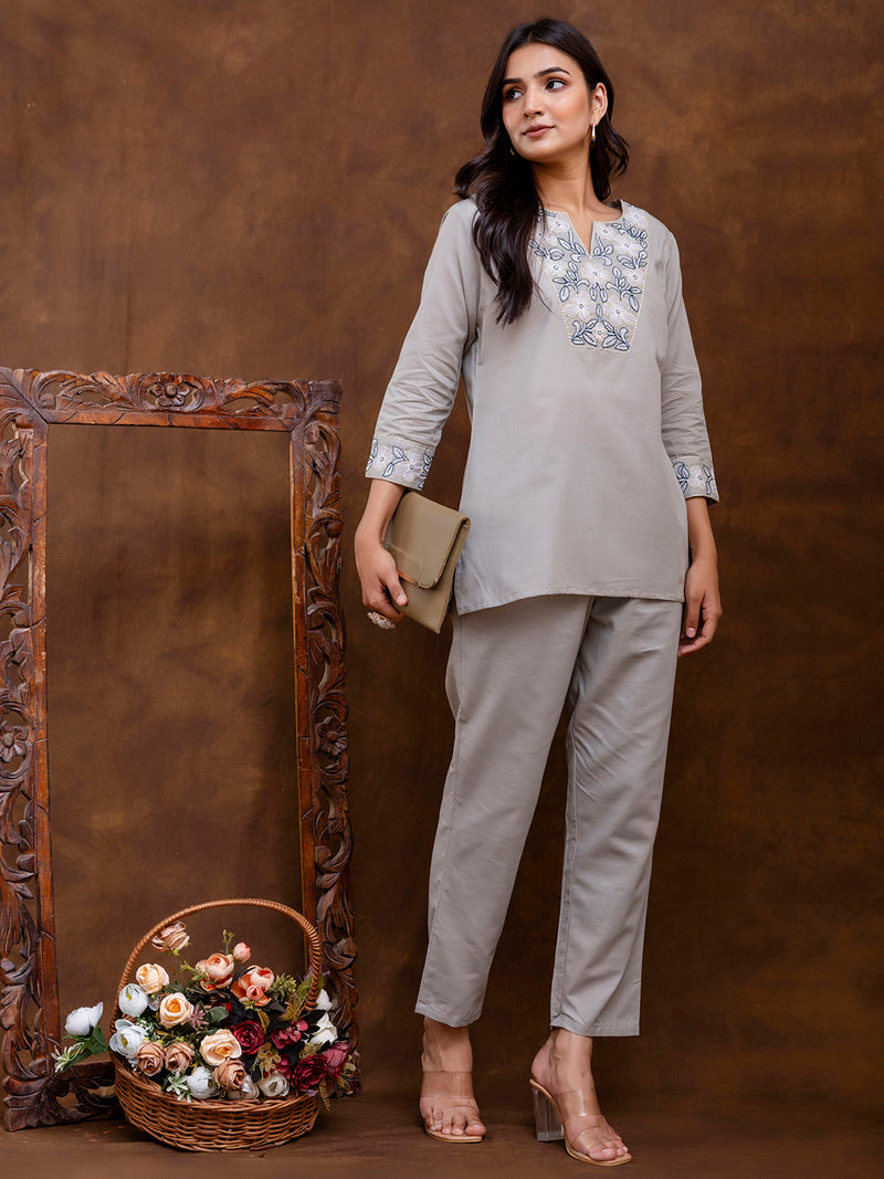 Grey Women's Embroidered Co-ord Set - Viscose Fabric Full Sleeve Short Kurta and Pant