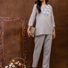Grey Women's Embroidered Co-ord Set - Viscose Fabric Full Sleeve Short Kurta and Pant