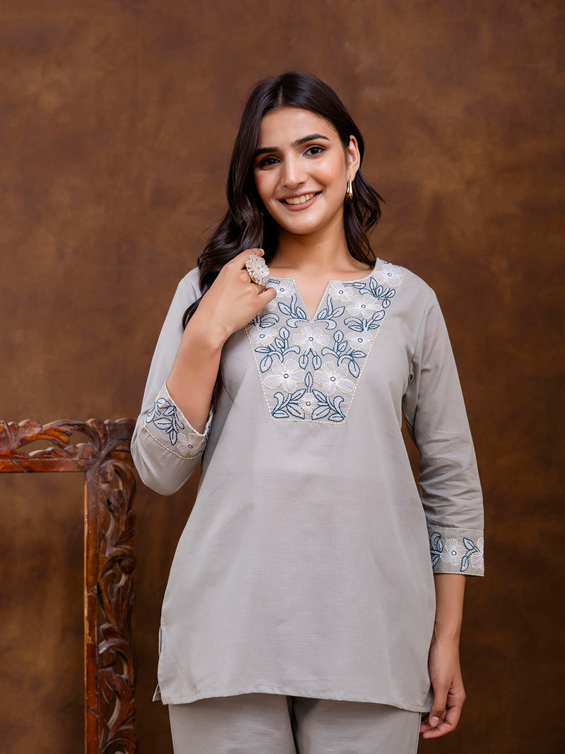 Grey Women's Embroidered Co-ord Set - Viscose Fabric Full Sleeve Short Kurta and Pant