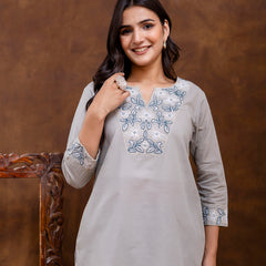 Grey Women's Embroidered Co-ord Set - Viscose Fabric Full Sleeve Short Kurta and Pant
