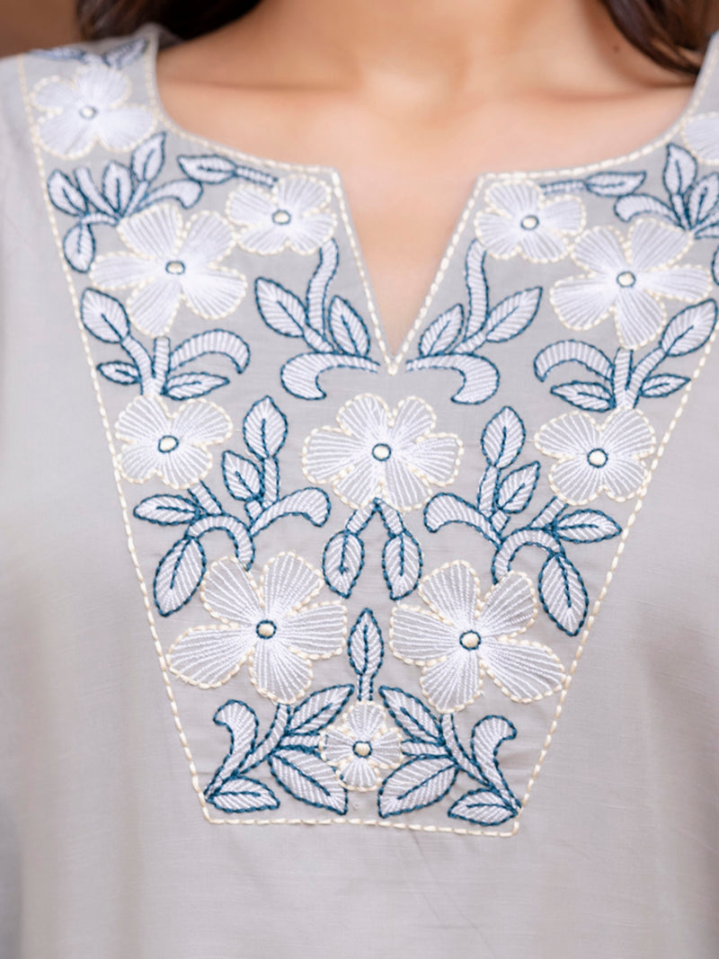 Grey Women's Embroidered Co-ord Set - Viscose Fabric Full Sleeve Short Kurta and Pant