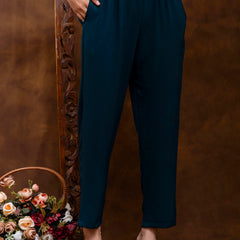 Dark Blue Women's Embroidered Co-ord Set - Viscose Fabric Full Sleeve Shirt and Pant