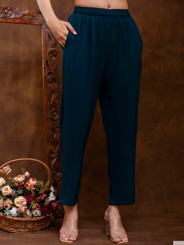 Dark Blue Women's Embroidered Co-ord Set - Viscose Fabric Full Sleeve Shirt and Pant