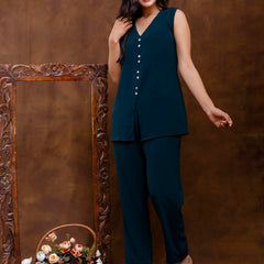 Dark Blue Women's Embroidered Co-ord Set - Viscose Fabric Full Sleeve Shirt and Pant