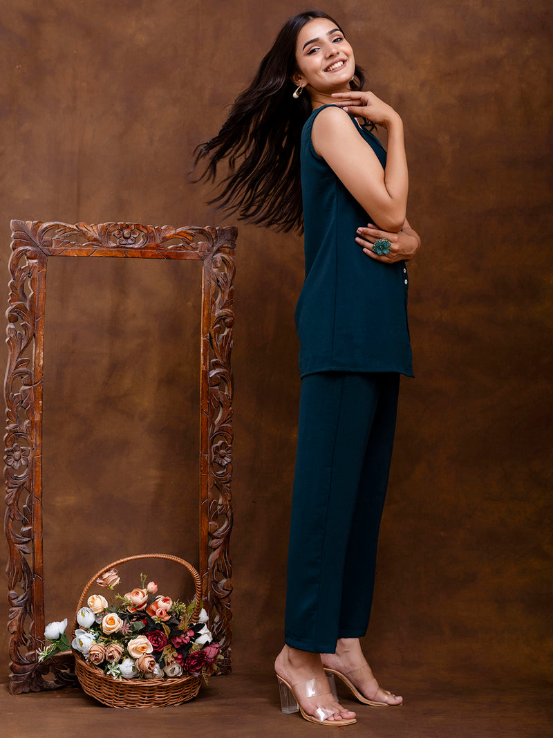 Dark Blue Women's Embroidered Co-ord Set - Viscose Fabric Full Sleeve Shirt and Pant