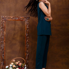 Dark Blue Women's Embroidered Co-ord Set - Viscose Fabric Full Sleeve Shirt and Pant