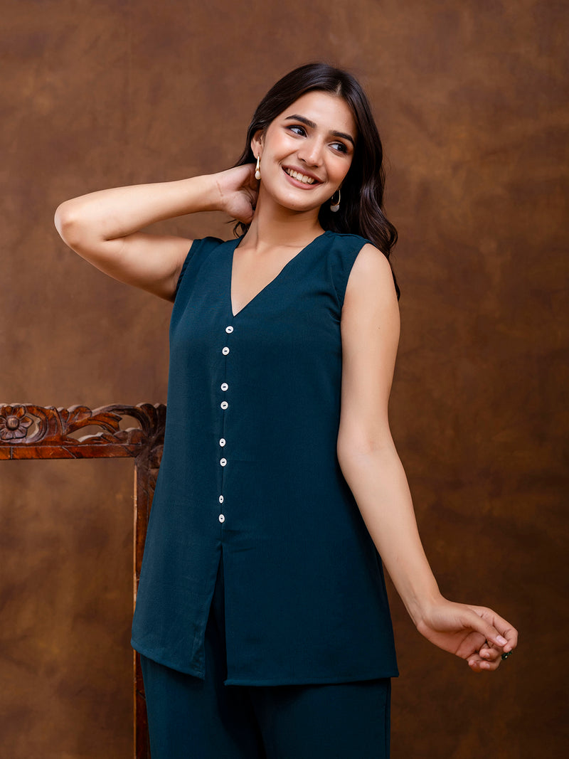 Dark Blue Women's Embroidered Co-ord Set - Viscose Fabric Full Sleeve Shirt and Pant