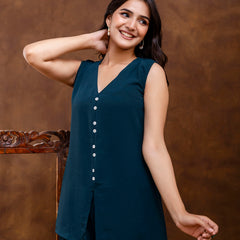 Dark Blue Women's Embroidered Co-ord Set - Viscose Fabric Full Sleeve Shirt and Pant