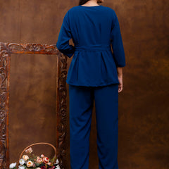 Dark Blue Women's Embroidered Co-ord Set - Viscose Fabric Full Sleeve Short Kurta and Pant