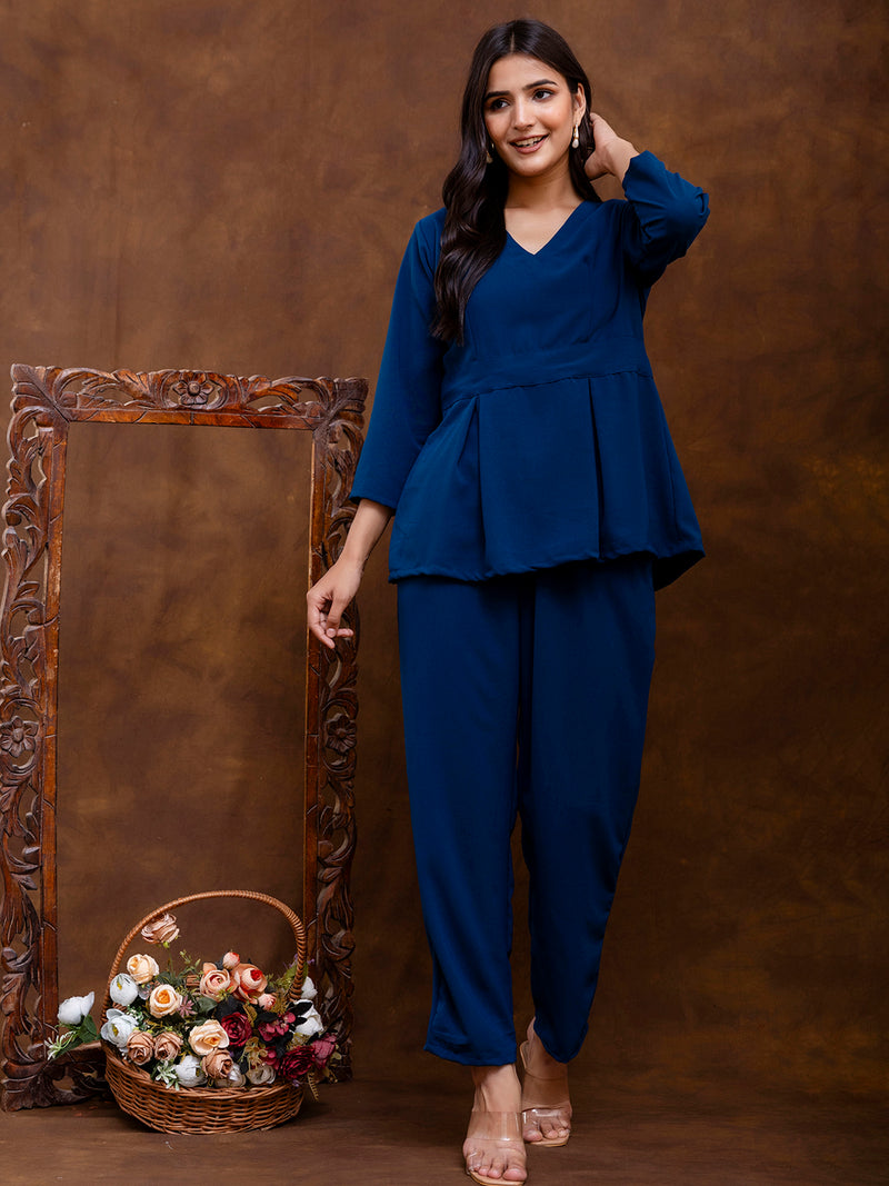 Dark Blue Women's Embroidered Co-ord Set - Viscose Fabric Full Sleeve Short Kurta and Pant