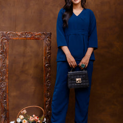 Dark Blue Women's Embroidered Co-ord Set - Viscose Fabric Full Sleeve Short Kurta and Pant